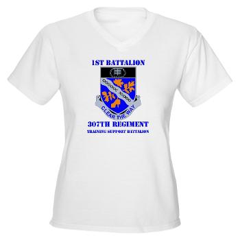 1B307R - A01 - 04 - DUI - 1st Battalion 307th Regiment with text - Women's V-Neck T-Shirt