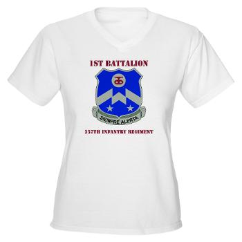 1B357IR - A01 - 04 - DUI - 1st Battalion - 357th Infantry Regiment with Text - Women's V-Neck T-Shirt