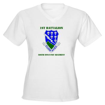 1B506IR - A01 - 04 - DUI - 1st Bn - 506th Infantry Regiment with Text Women's V-Neck T-Shirt
