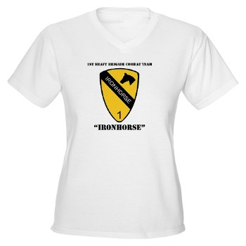 1BCTI - A01 - 04 - DUI - 1st Heavy BCT - Ironhorse with Text Women's V-Neck T-Shirt - Click Image to Close
