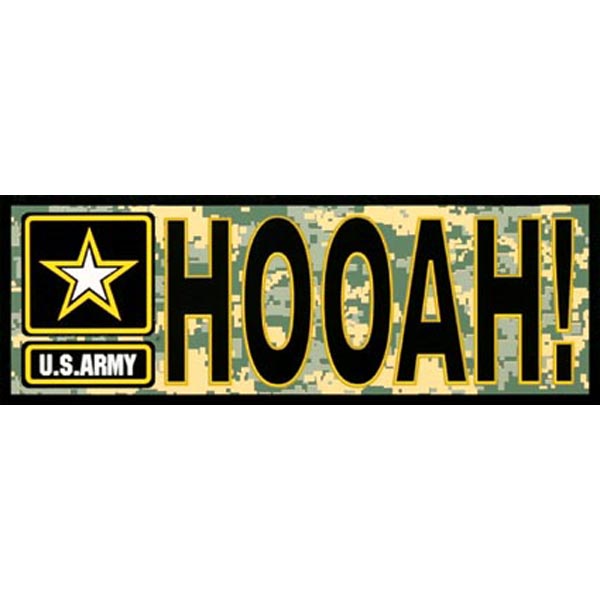Army Decal HOOAH with Army Star Logo Digital Camo 3 x 9 inch Bumper Sticker  Quantity 10  - Click Image to Close